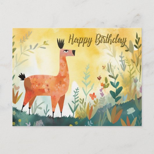 Carte Postale Joyeux Anniversaire Joli Alpaca et Nature Abstrait (Devant)