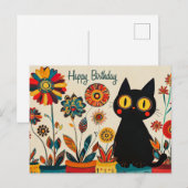 Carte Postale Joyeux Anniversaire Joli Chat Noir avec des Fleurs (Devant / Derrière)