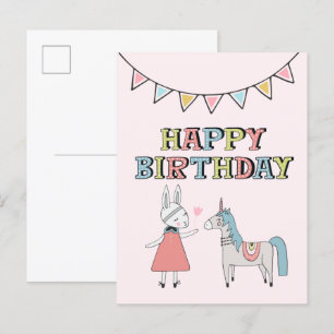 Carte Postale Joyeux Anniversaire Lapin et Licorne