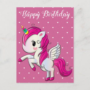 Carte Postale Joyeux anniversaire, licorne et coeurs, coutume