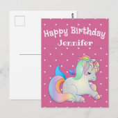 Carte Postale Joyeux anniversaire, licorne et cœurs rose filleul (Devant / Derrière)