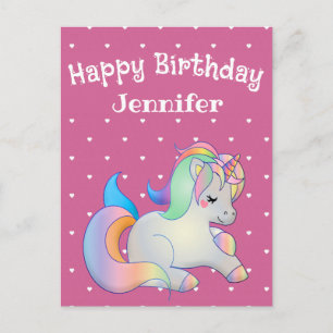 Carte Postale Joyeux anniversaire, licorne et coeurs rose girly