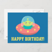 Carte Postale Joyeux anniversaire, mignon Alien dans Spacecraft (Devant / Derrière)