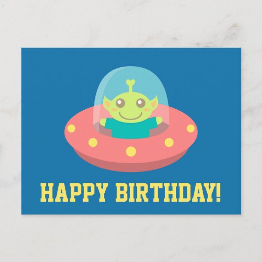 Carte Postale Joyeux anniversaire, mignon Alien dans Spacecraft (Devant)