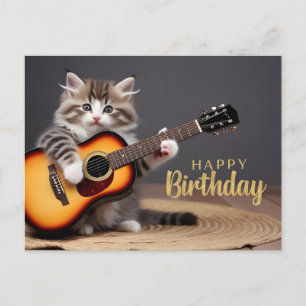 Carte Postale Joyeux Anniversaire Mignon Chat Jouant de la Guita