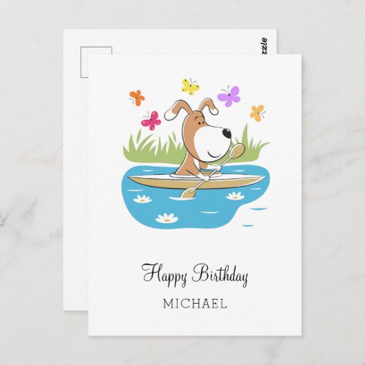 Carte Postale Joyeux anniversaire mignon chien chiot Kayak Kayak (Devant / Derrière)