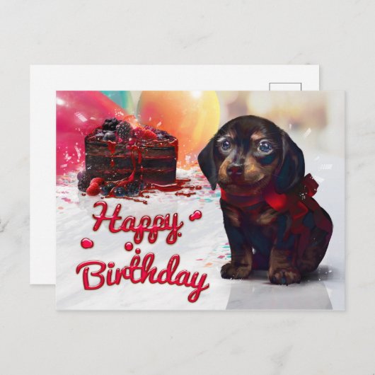Carte Postale Joyeux Anniversaire mignonne Chiot avec Gâteau (Devant / Derrière)