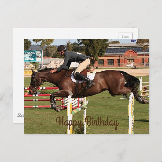 Carte Postale Joyeux anniversaire : Montrer saut cheval et caval (Devant / Derrière)