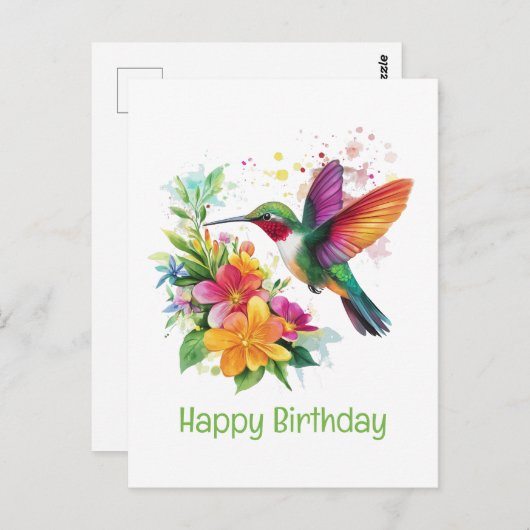 Carte Postale Joyeux Anniversaire Oiseau-Mouche Fleurs Tropicale (Devant / Derrière)