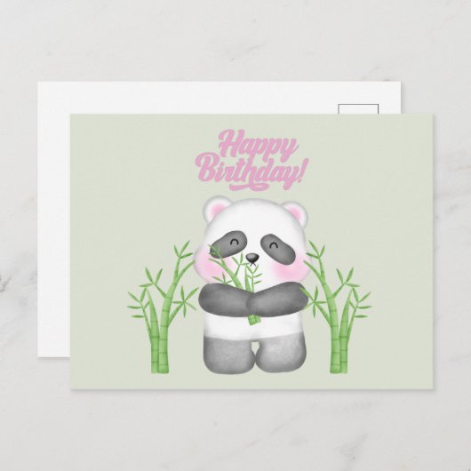Carte Postale Joyeux Anniversaire Ourson Panda Mignon et Bambou (Devant / Derrière)