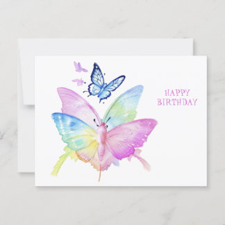 Carte Postale Joyeux Anniversaire,papillons colorés, aquarelle