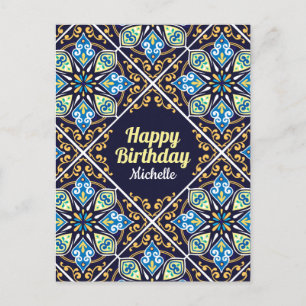 Carte Postale Joyeux anniversaire personnalisable bleu Azulejos