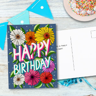 Carte Postale Joyeux Anniversaire Personnalisé Floral Bleu Color
