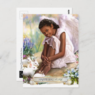 Carte Postale Joyeux anniversaire. Petit ange avec lapins