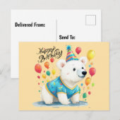 Carte Postale Joyeux anniversaire Polar Bear Balloons Party Art (Devant / Derrière)