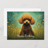 Carte Postale Joyeux Anniversaire Prairie Fleur Caniche Mignon (Devant / Derrière)