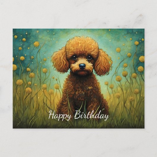 Carte Postale Joyeux Anniversaire Prairie Fleur Caniche Mignon (Devant)