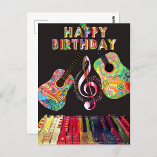 Carte Postale Joyeux anniversaire Rainbow Guitar Piano  