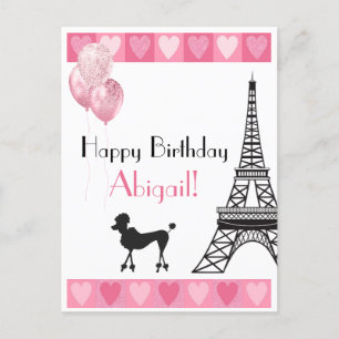 Carte Postale Joyeux Anniversaire rose Coeur Eiffel Tour Poodle