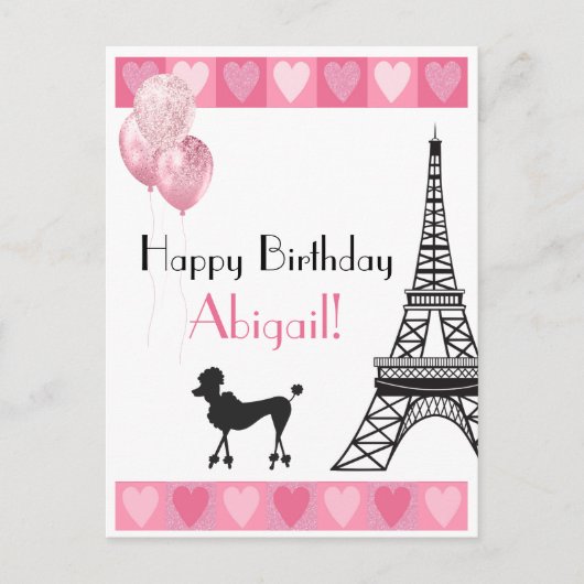 Carte Postale Joyeux Anniversaire rose Coeur Eiffel Tour Poodle (Devant)