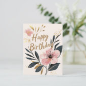 Carte Postale Joyeux Anniversaire Rose Doré Floral (Debout devant)