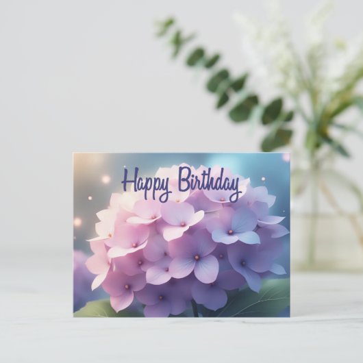 Carte Postale Joyeux Anniversaire rose violet Hydrangea Fleurs (Debout devant)
