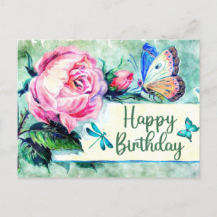 Carte Postale Joyeux Anniversaire Roses et Papillons Vintage