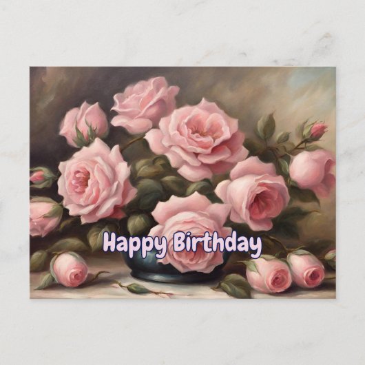 Carte Postale Joyeux Anniversaire Roses Roses dans un vase  (Devant)