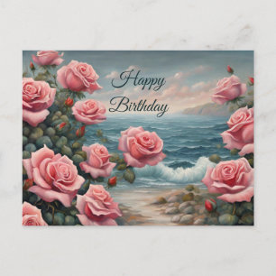 Carte Postale Joyeux Anniversaire Roses Roses par l'Océan