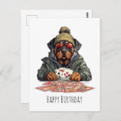 Carte Postale Joyeux Anniversaire Rottweiler Chien Jouant aux ca (Devant / Derrière)