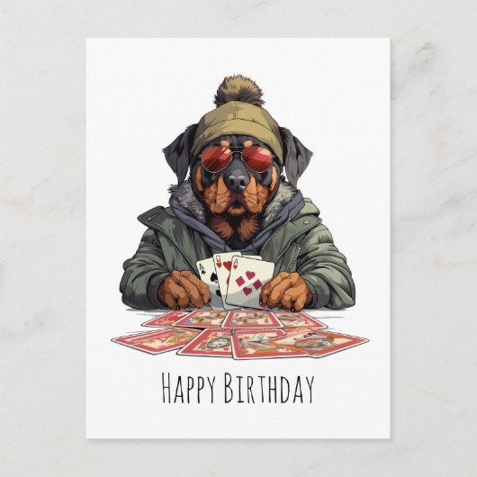 Carte Postale Joyeux Anniversaire Rottweiler Chien Jouant aux ca (Devant)