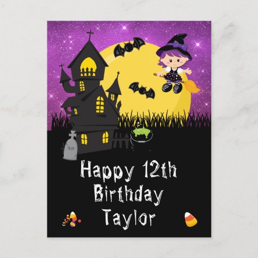 Carte Postale Joyeux Anniversaire Sorcière d'Halloween Violet (Devant)