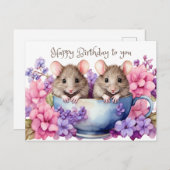 Carte Postale Joyeux Anniversaire Souris Aquarelle dans une Tass (Devant / Derrière)