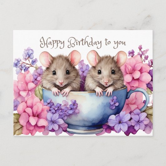 Carte Postale Joyeux Anniversaire Souris Aquarelle dans une Tass (Devant)