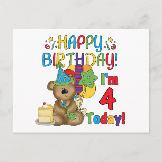 Carte Postale Joyeux anniversaire Teddy Bear 4th T-shirts et cad (Devant)