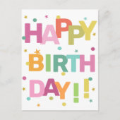 Carte Postale Joyeux Anniversaire Texte Coloré Confettis et Étoi (Devant)