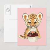 Carte Postale Joyeux Anniversaire - Tigre Mignon avec Gâteau (Devant / Derrière)
