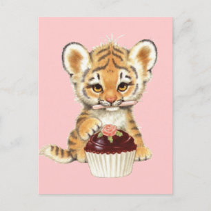 Carte Postale Joyeux Anniversaire - Tigre Mignon avec Gâteau