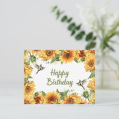 Carte Postale Joyeux Anniversaire Tournesols et Oiseaux Aquarell (Debout devant)