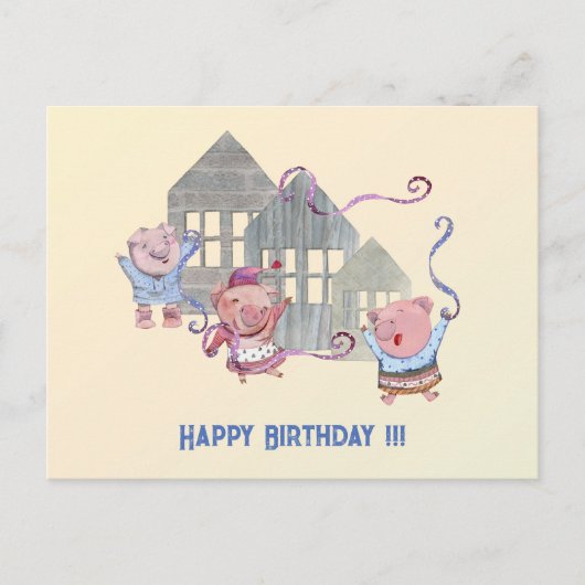 Carte Postale Joyeux Anniversaire Trois Petits Cochons Célébrant (Devant)