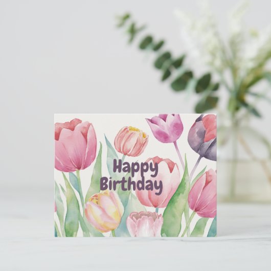 Carte Postale Joyeux Anniversaire Tulipes Aquarelle Fleur Abstra (Debout devant)