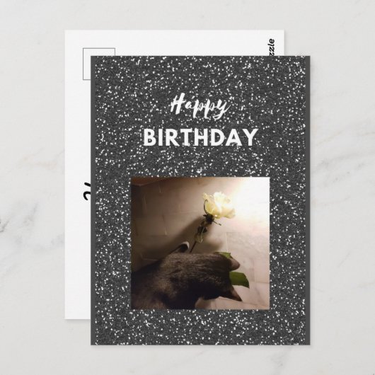 Carte Postale Joyeux anniversaire. Tuxedo chat avec un rose. (Devant / Derrière)