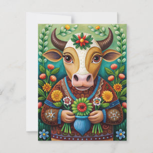 Carte Postale Joyeux anniversaire vache d'art populaire