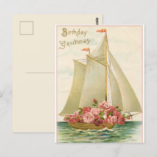 Carte Postale Joyeux Anniversaire Vieux Voilier Plein de Roses