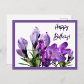 Carte Postale Joyeux Anniversaire violet crocus fleurs boho mign (Devant / Derrière)