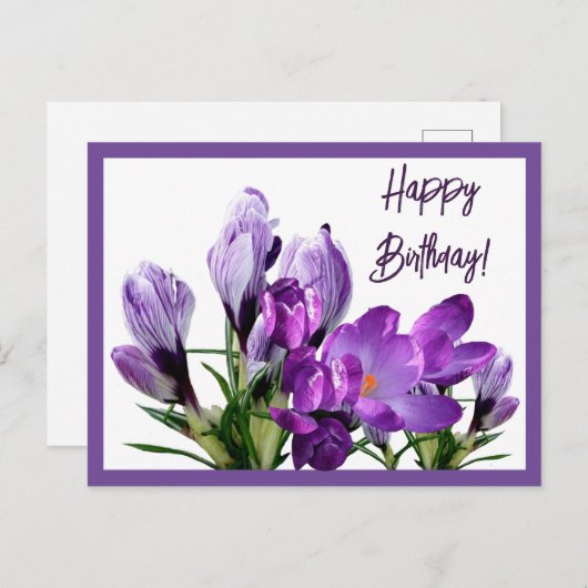 Carte Postale Joyeux Anniversaire violet crocus fleurs boho mign (Devant / Derrière)