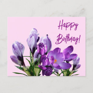 Carte Postale Joyeux Anniversaire violet crocus fleurs boho mign