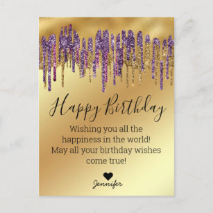 Carte Postale joyeux anniversaire violet or goutte parties scint