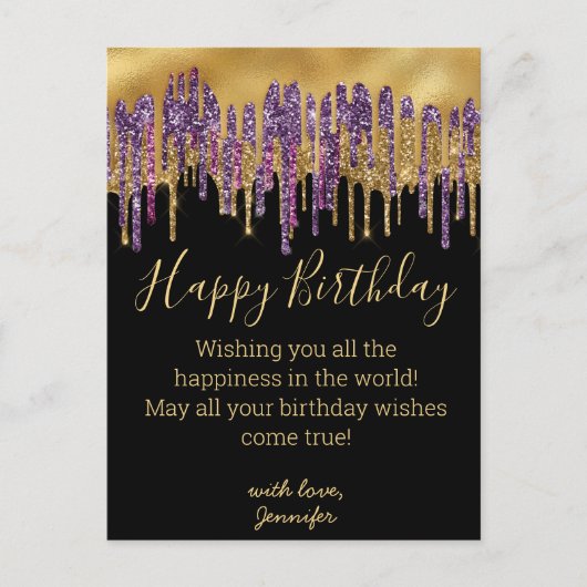 Carte Postale joyeux anniversaire violet or goutte parties scint (Devant)