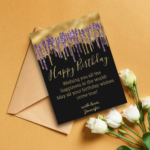 Carte Postale joyeux anniversaire violet or goutte parties scint